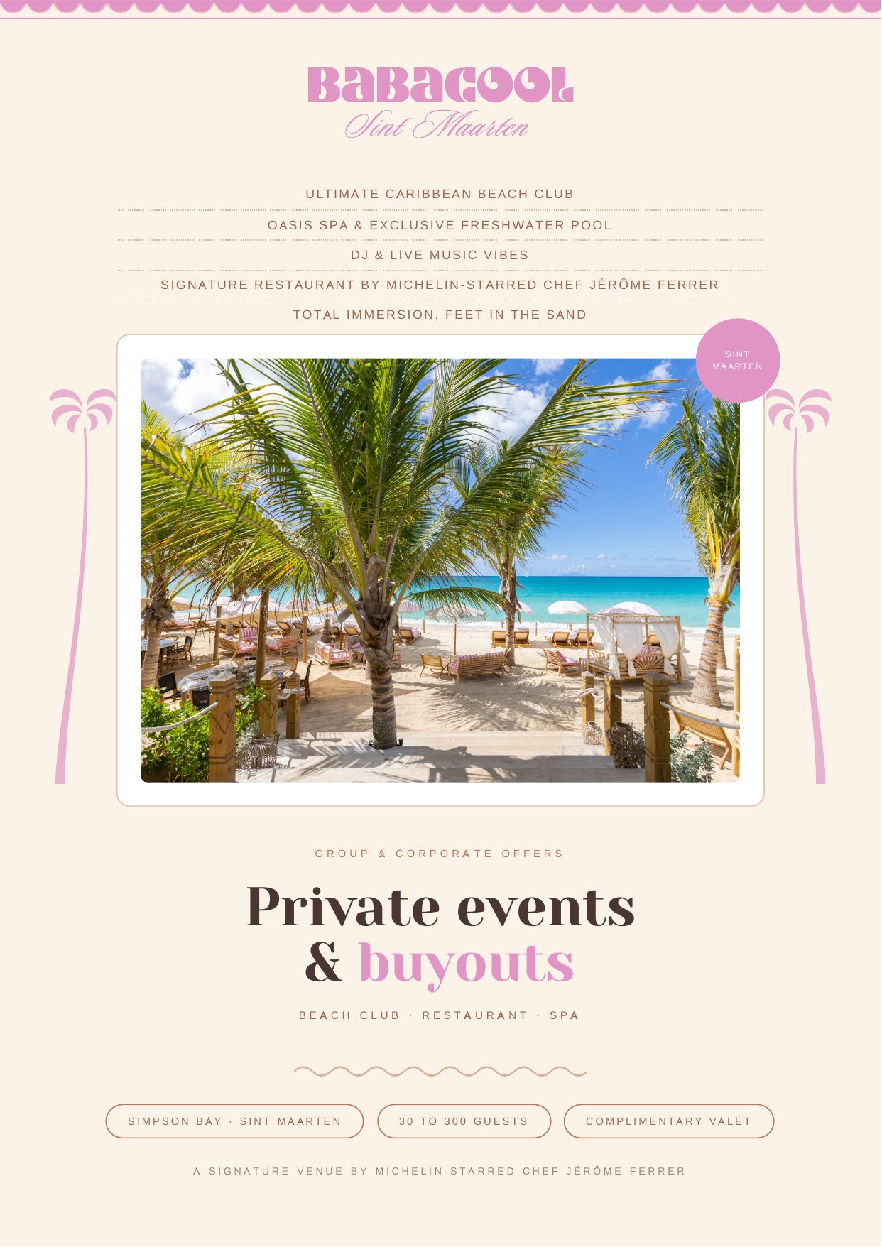 Page 1 of the Babacool Private Events and Buyouts brochure