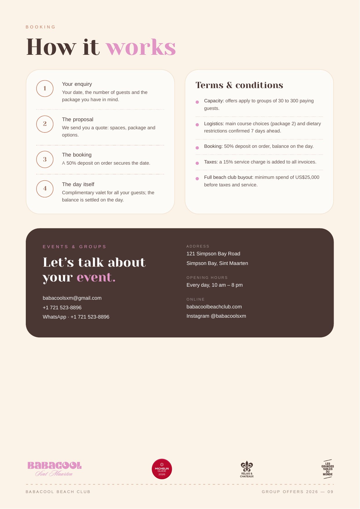 Page 9 of the Babacool Private Events and Buyouts brochure