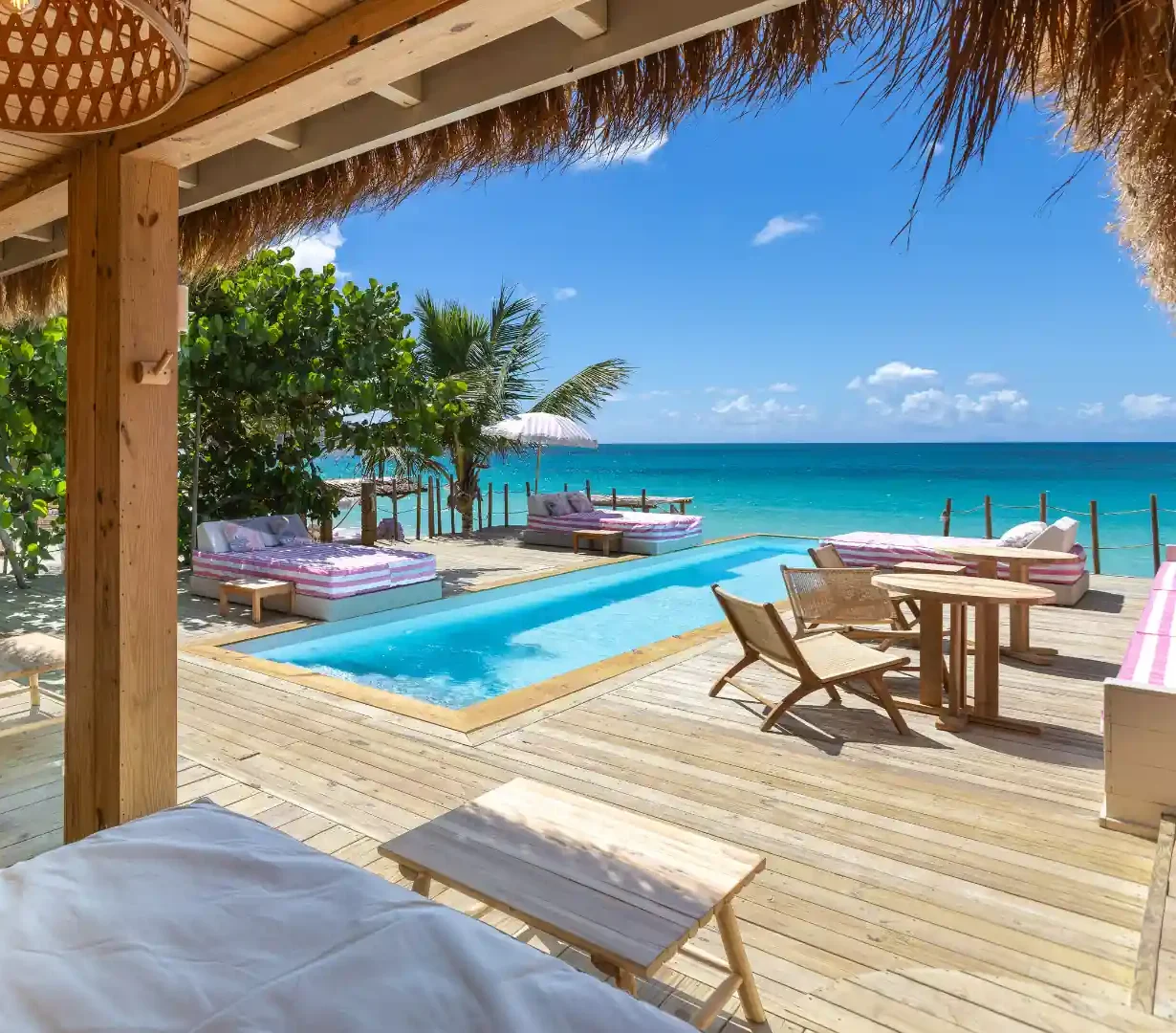 The pool and beachfront restaurant at Babacool, overlooking Simpson Bay