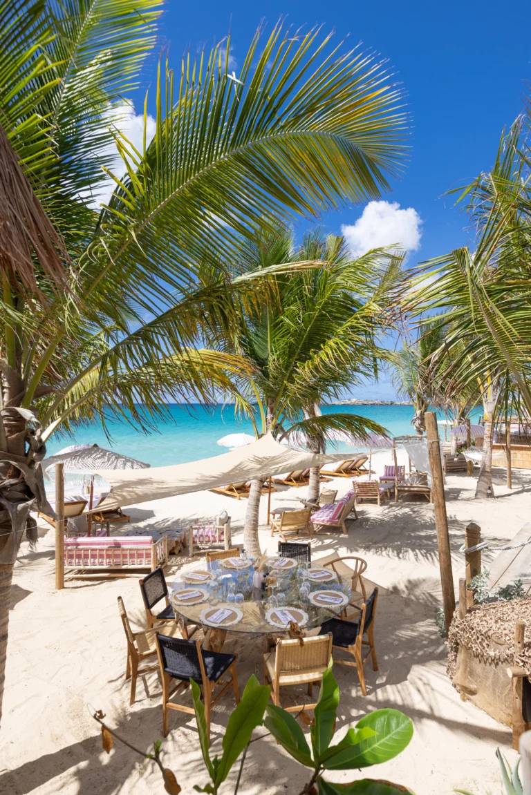 Restaurant tables under palm trees, ready for a gathering at Babacool