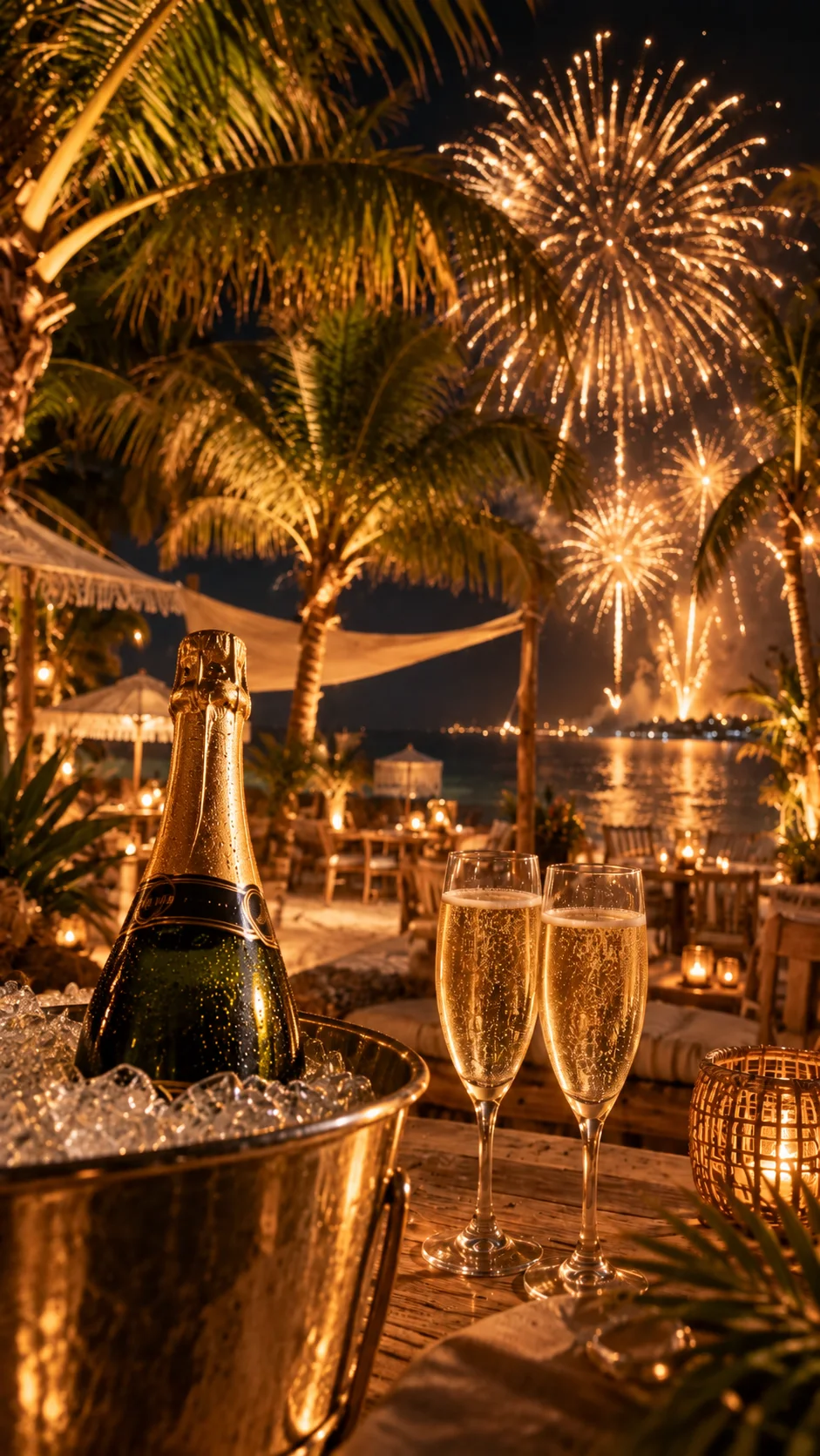 Champagne and fireworks beneath the palms by the sea