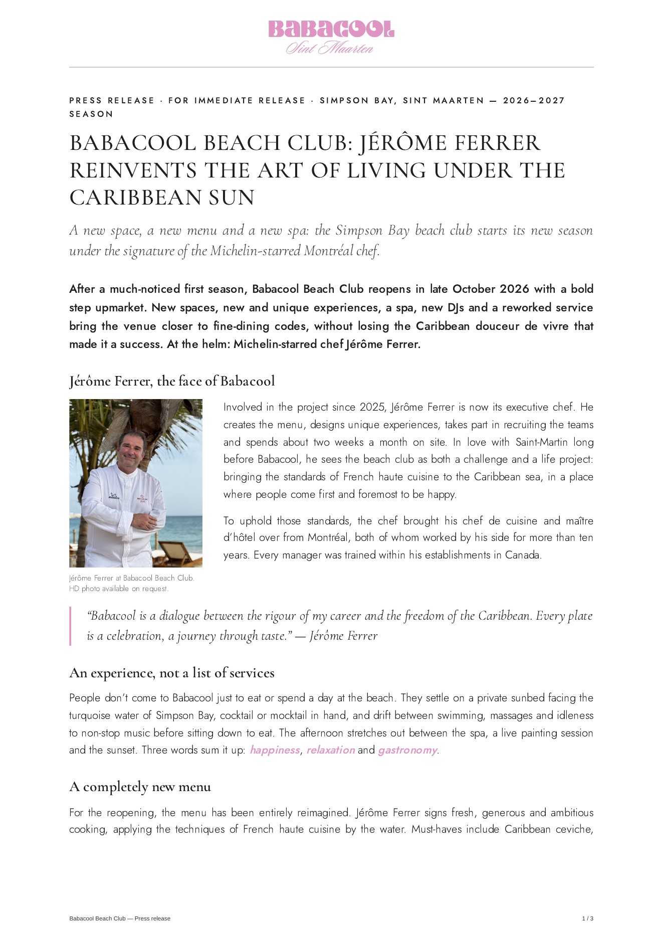Page 1 of the Babacool press kit