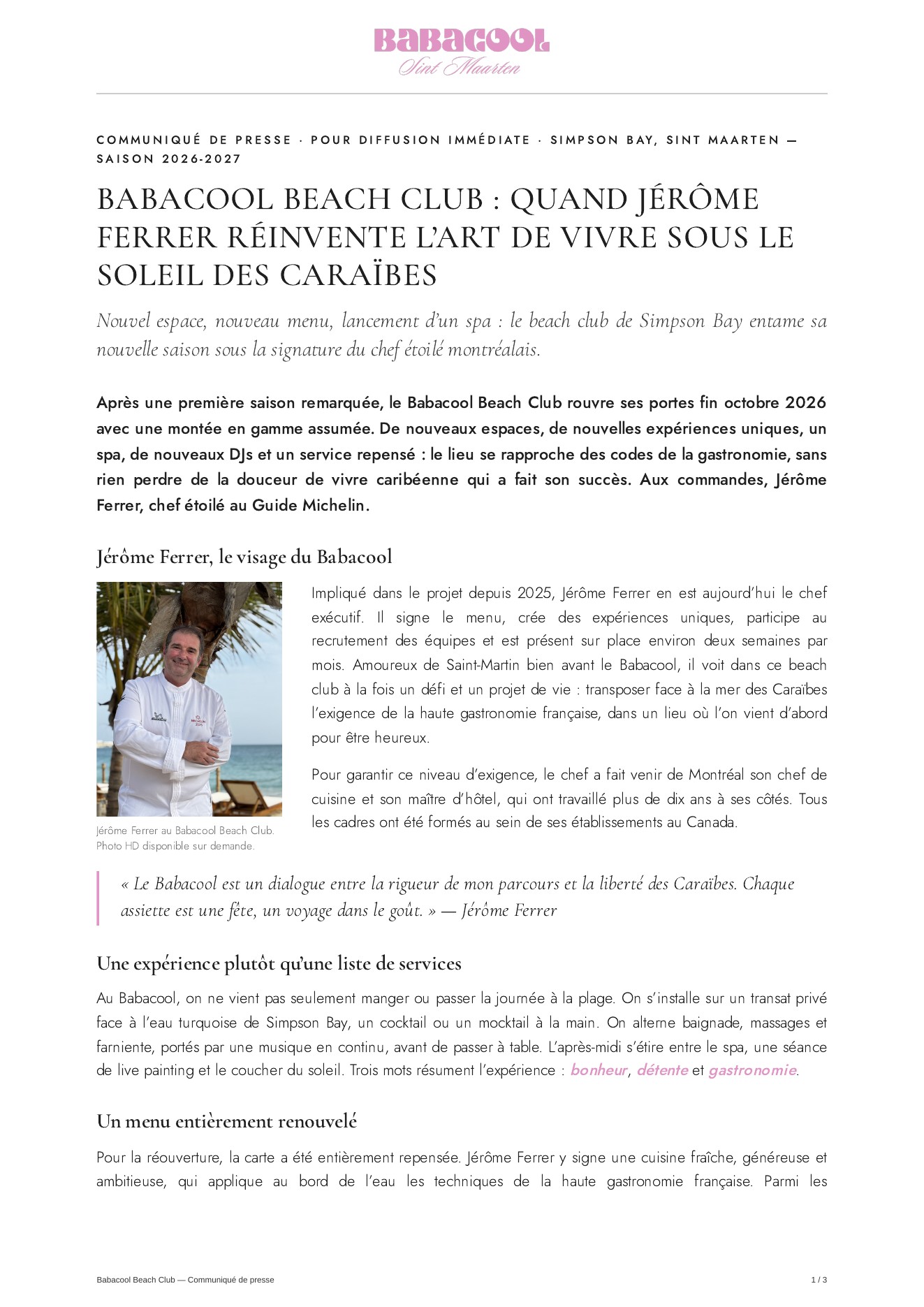Page 1 du dossier de presse Babacool
