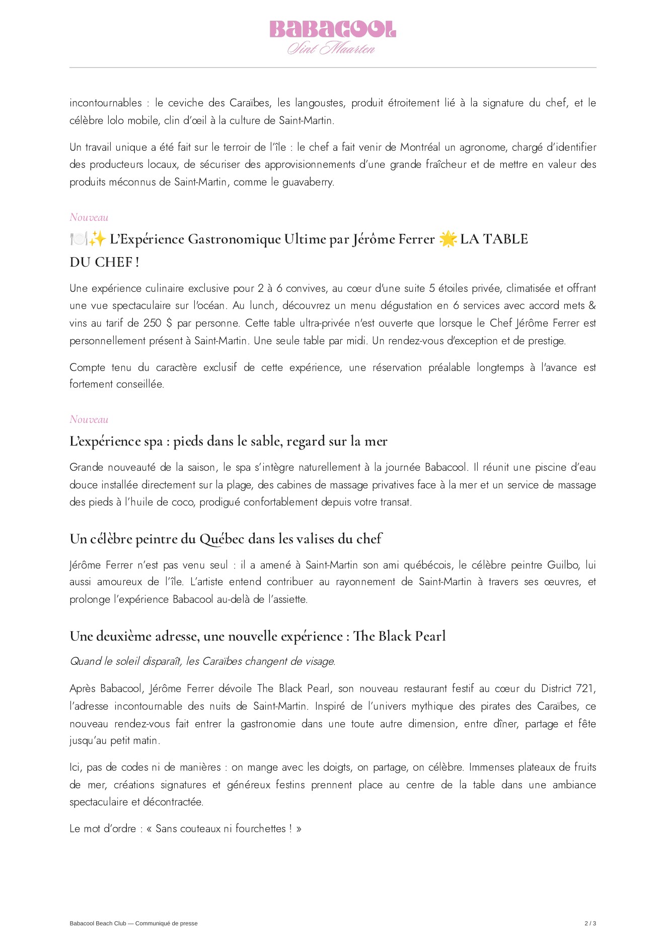 Page 2 du dossier de presse Babacool